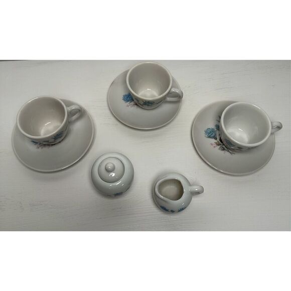 Vintage children’s blue rose design tea cups  saucers creamer sugar dish #M-1369 - Picture 2 of 7